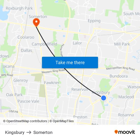 Kingsbury to Somerton map