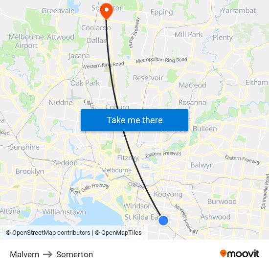 Malvern to Somerton map