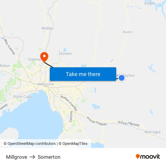 Millgrove to Somerton map