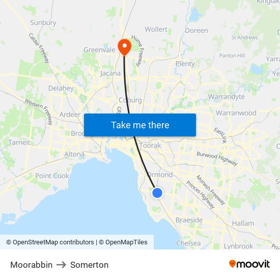 Moorabbin to Somerton map