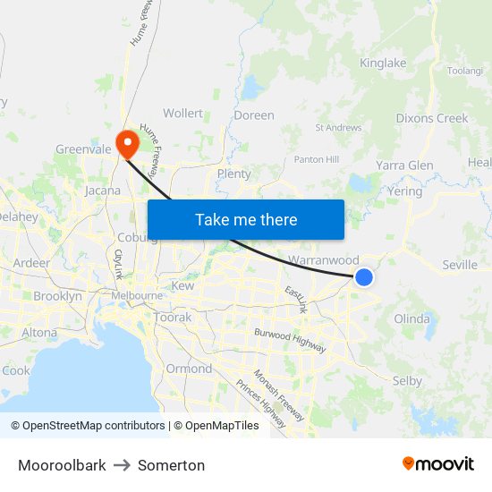 Mooroolbark to Somerton map