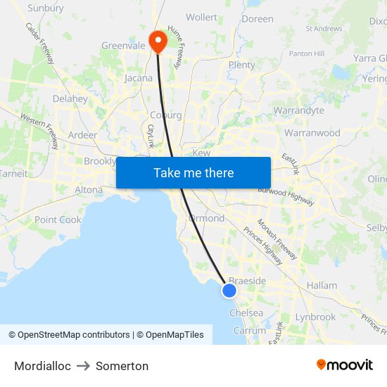 Mordialloc to Somerton map