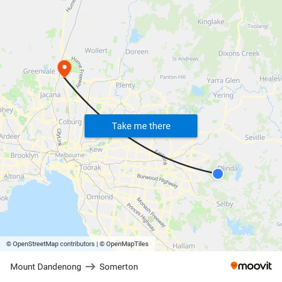 Mount Dandenong to Somerton map