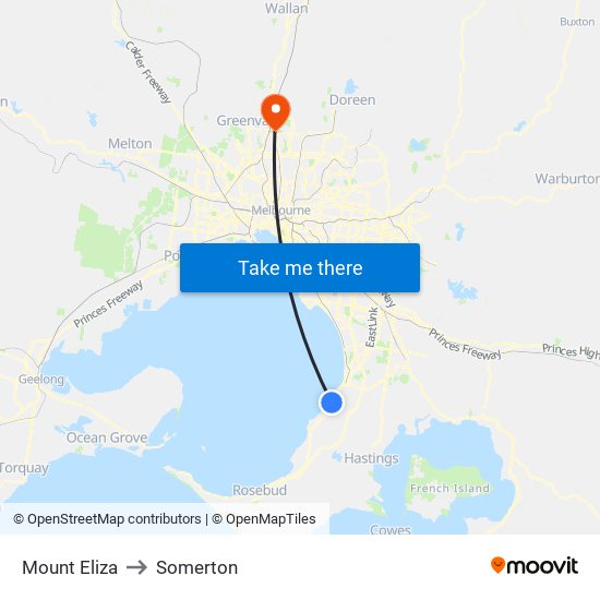 Mount Eliza to Somerton map