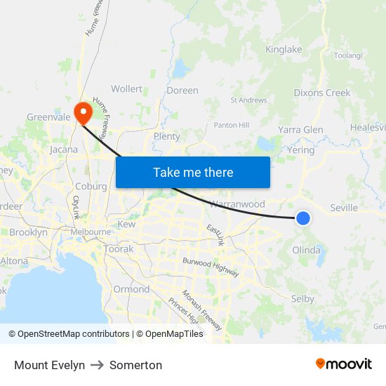 Mount Evelyn to Somerton map