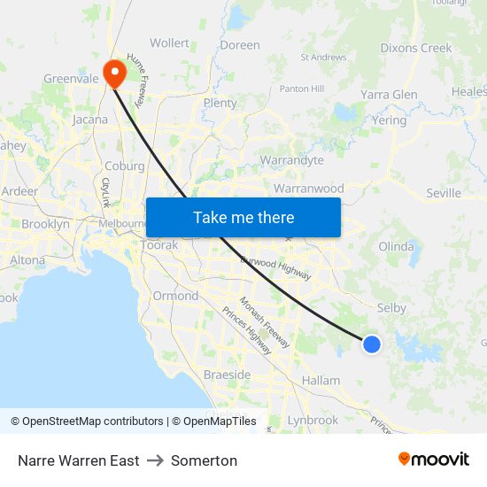 Narre Warren East to Somerton map