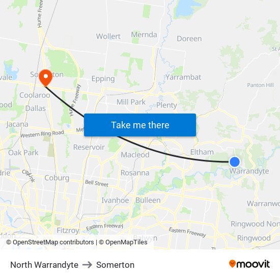 North Warrandyte to Somerton map