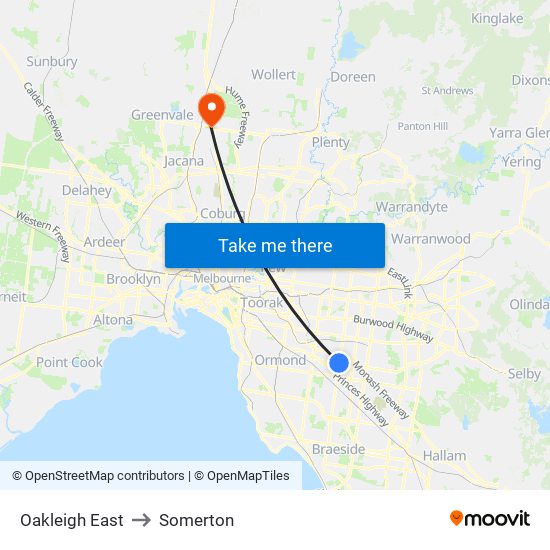 Oakleigh East to Somerton map