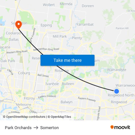 Park Orchards to Somerton map