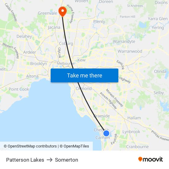 Patterson Lakes to Somerton map