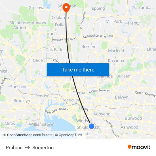 Prahran to Somerton map