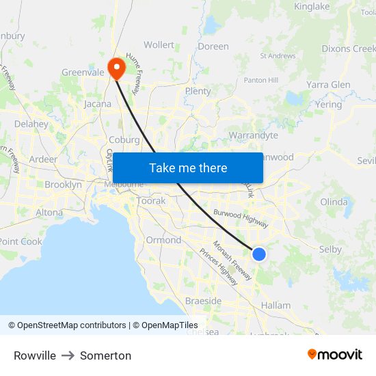 Rowville to Somerton map