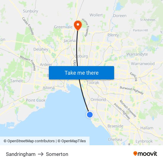 Sandringham to Somerton map