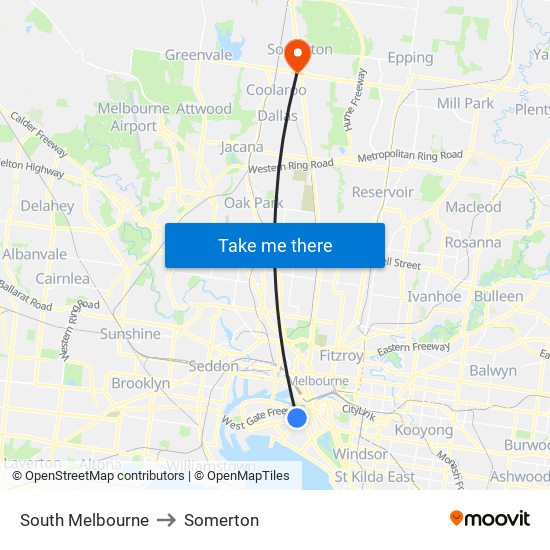 South Melbourne to Somerton map
