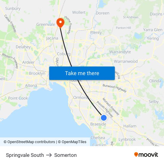 Springvale South to Somerton map