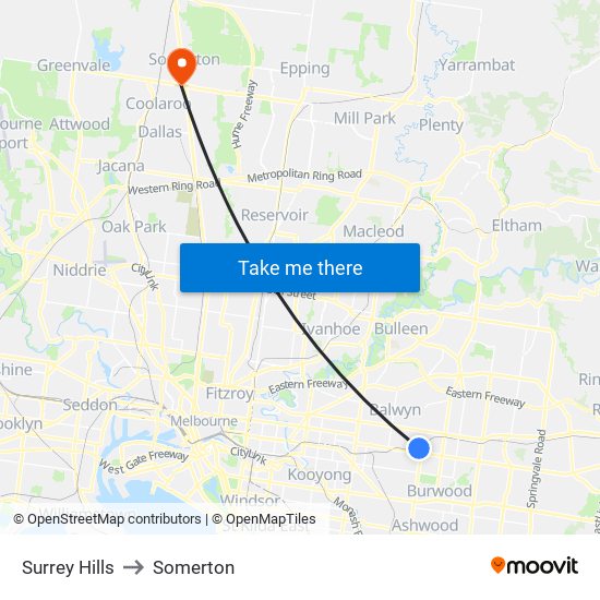 Surrey Hills to Somerton map