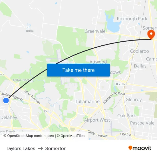 Taylors Lakes to Somerton map