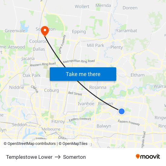 Templestowe Lower to Somerton map