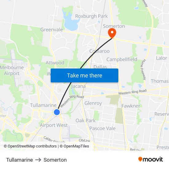 Tullamarine to Somerton map