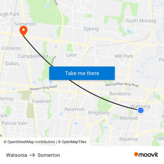 Watsonia to Somerton map