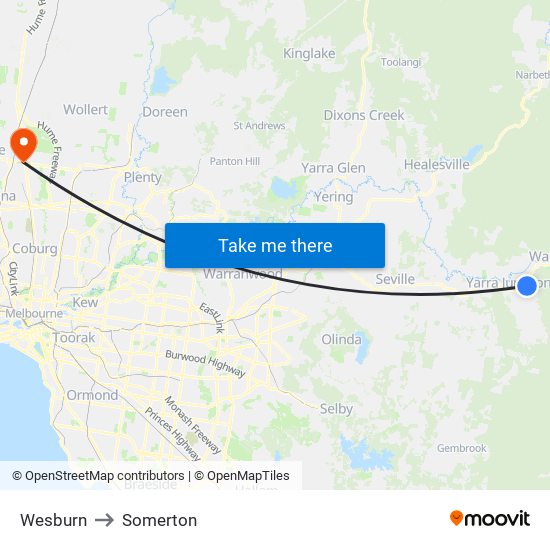 Wesburn to Somerton map