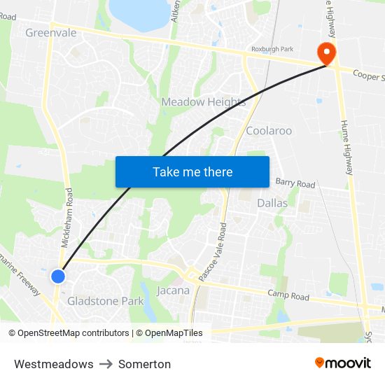 Westmeadows to Somerton map