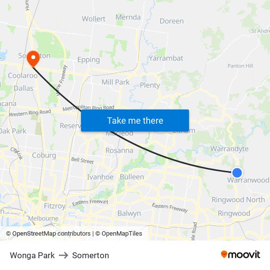 Wonga Park to Somerton map