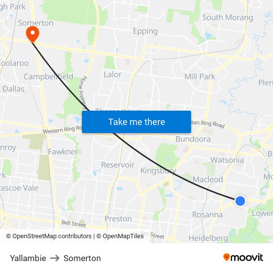 Yallambie to Somerton map