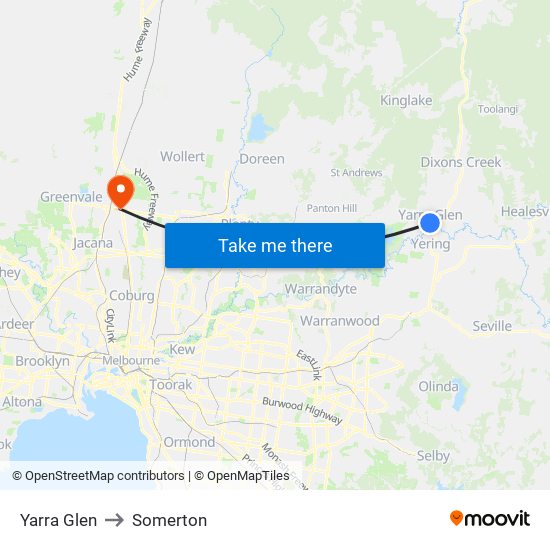 Yarra Glen to Somerton map