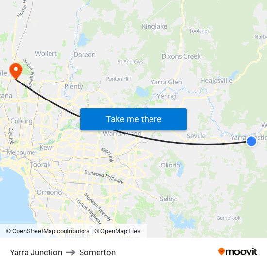 Yarra Junction to Somerton map