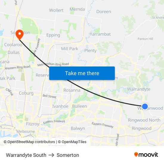 Warrandyte South to Somerton map