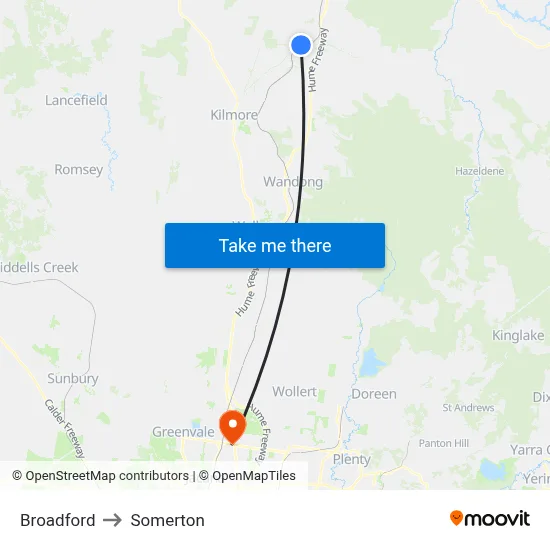 Broadford to Somerton map