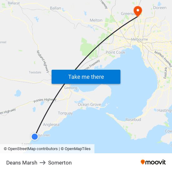 Deans Marsh to Somerton map