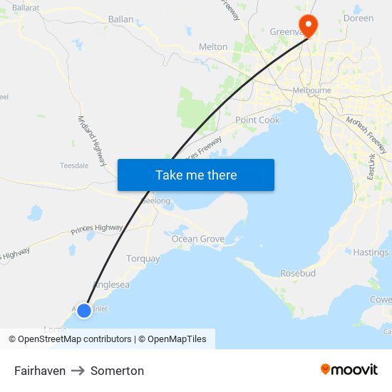 Fairhaven to Somerton map