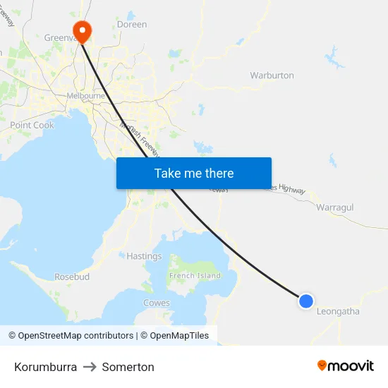 Korumburra to Somerton map