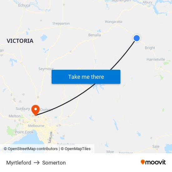 Myrtleford to Somerton map