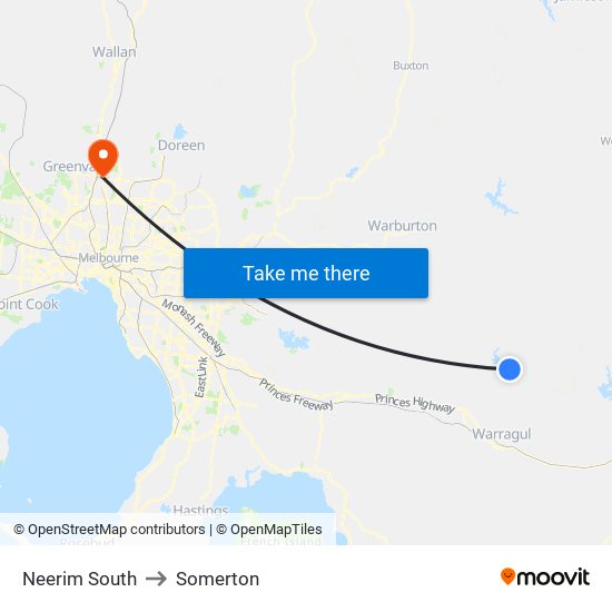 Neerim South to Somerton map