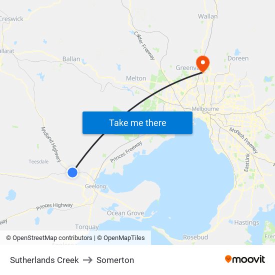 Sutherlands Creek to Somerton map