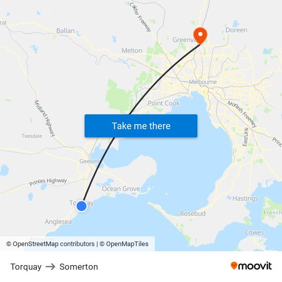 Torquay to Somerton map