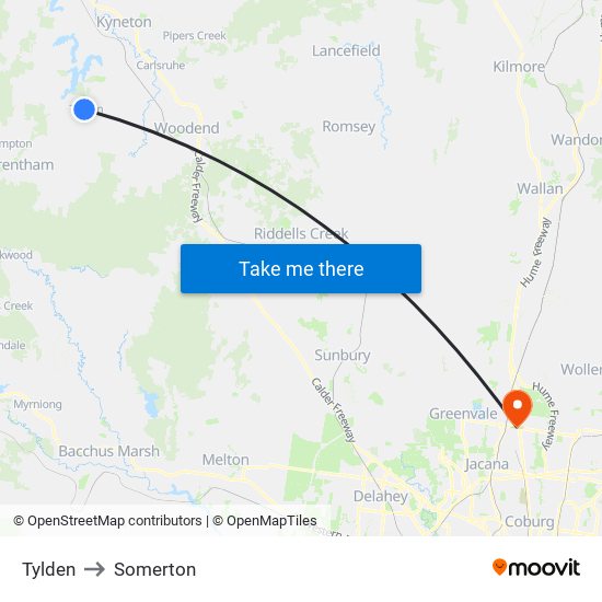 Tylden to Somerton map