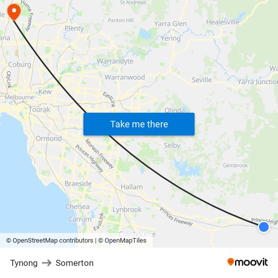 Tynong to Somerton map