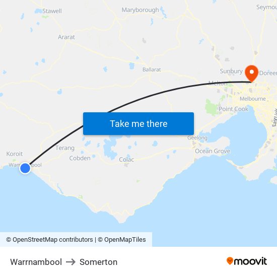 Warrnambool to Somerton map