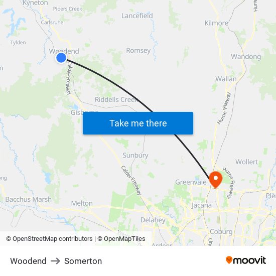 Woodend to Somerton map