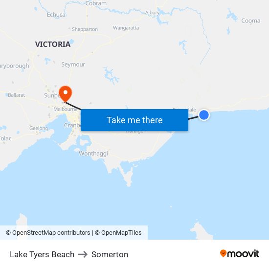 Lake Tyers Beach to Somerton map