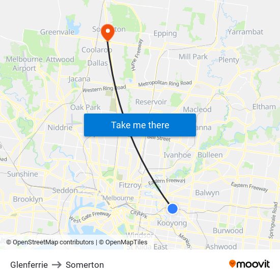 Glenferrie to Somerton map