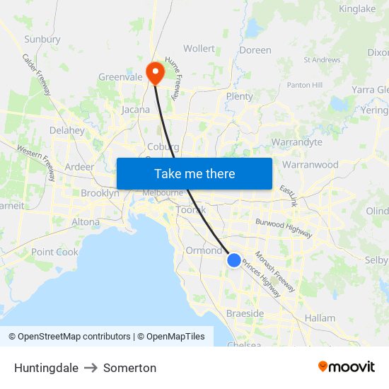 Huntingdale to Somerton map