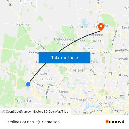 Caroline Springs to Somerton map