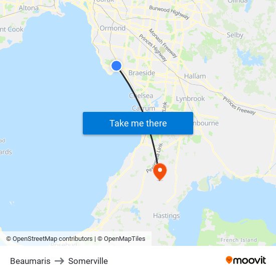 Beaumaris to Somerville map