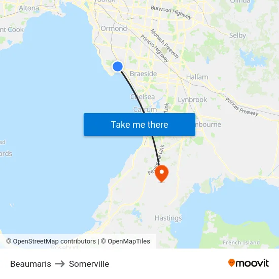 Beaumaris to Somerville map