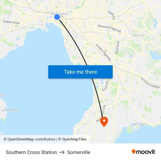 Southern Cross Station to Somerville map